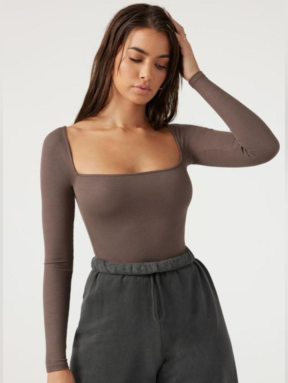 Joah Brown Square Neck Long Sleeve Ribbed Tee deep mauve S/M